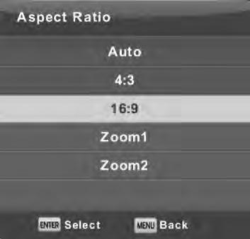 Omjer slike (Aspect Ratio) Pritisnite tipku / za odabir Omjer slike, zatim pritisnite tipku Enter za ulazak u podizbornik. Pritisnite tipku / za odabir Omjer slike. (Raspoložive opcije su: Auto, 4:3, 16:9, Zoom1, Zoom2.