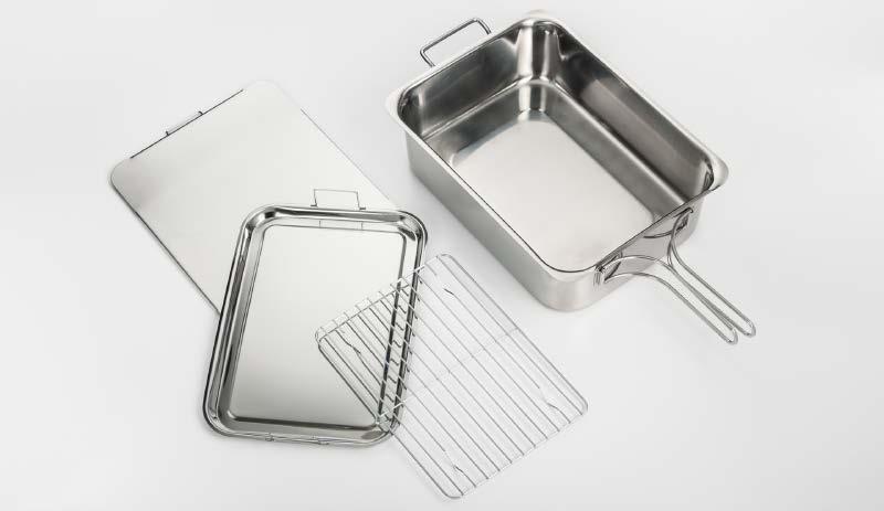 Just the right size for multi-layered lasagnas, and includes two chrome racks for your favorite roasts. They have stainless foldable handles that make lifting in and out of the oven, safe and easy.
