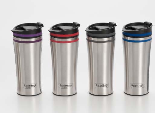 150-153 DOUBLE WALL COFFEE TUMBLERS W/ SILICONE RINGS This 15 oz tumbler is constructed in durable stainless steel, perfect for those who are on the go and like to travel.