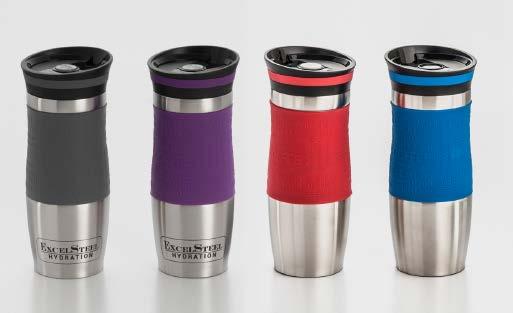 146-148 DOUBLE WALLED COFFEE TUMBLER W/ HANGING LOOP This double walled stainless steel coffee tumbler comes with a featured hanging loop and silicone grip.
