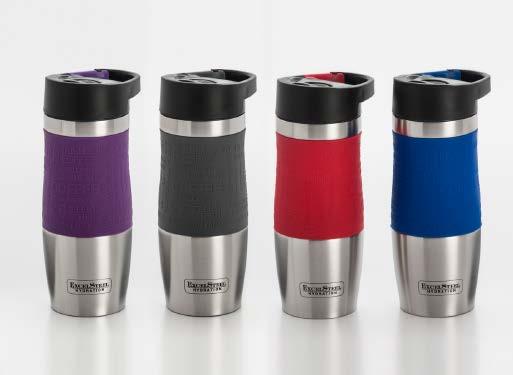 146 - Purple 147 - Grey 148 - Assorted Red,Blue 126-127/136 DOUBLE WALLED COFFEE TUMBLERS W/ SILICONE GRIP Double walled stainless steel coffee tumbler with a silicone grip.