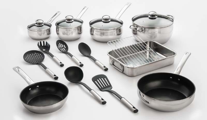 5" Stainless Roasting Pan with Rack 6 - Nylon Kitchen Tools with Stainless Steel Handles This 18 piece stainless steel cookware set features an encapsulated base for faster and even heat distribution.