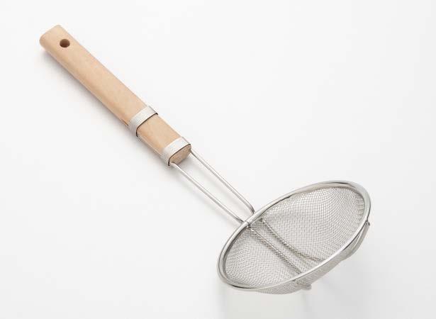 181-182 STRAINER W/ WOODEN HANDLE This durable stainless steel strainer is a must in the kitchen. It s perfect for draining excess liquids from pasta, vegetables, and fruits.