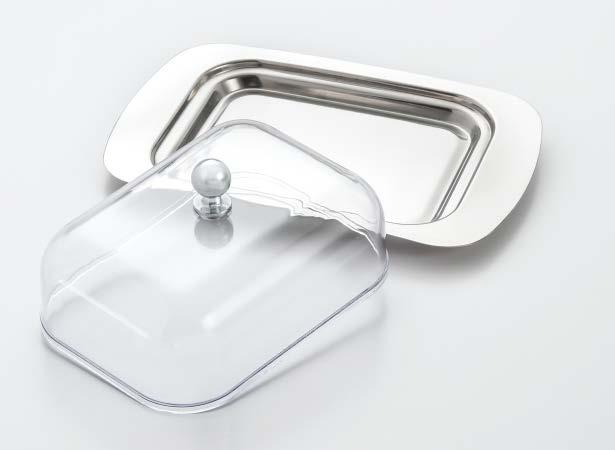 299 BUTTER DISH Keep your butter fresh and delicious in this stainless steel butter dish. Features a plastic cover with chrome knob.