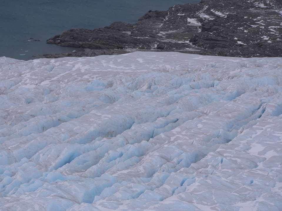 Crevasses (cracks on the surface) Glacier ice is huge plastic mass moving slowly over underlying terrain this causes stresses, forces and