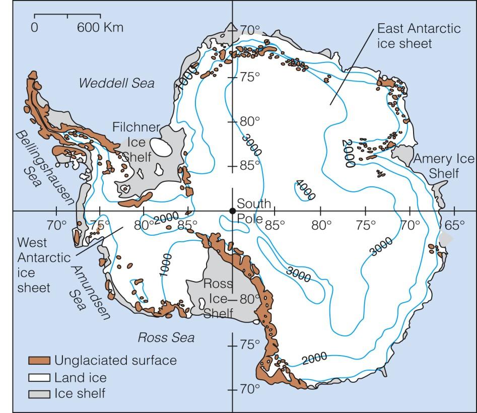 The Kinds of Glaciers Continental Glaciers or ice sheets are unconfined by topography and flow outward in all directions from a zone of accumulation.