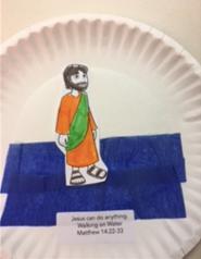CRAFT WEEK 3 Jesus Walks on Water What You Need: Jesus Picture Activity Page on white cardstock and Week 2 Story Labels, paper plates (1 per child), glue sticks, blue crepe paper, and crayons Before