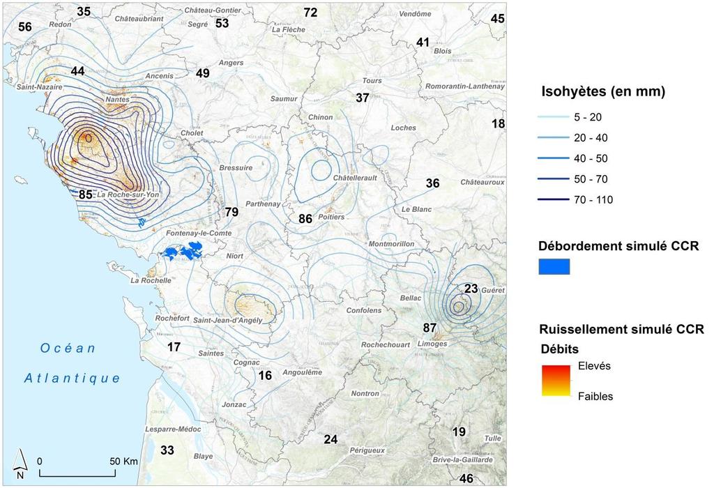 (CCR, 2016, Source: Météo France, Underlying maps: ESRI, OpenStreetMap) Figure 9: Storms affecting western France- Map of cumulative rainfall and risk zones simulated by CCR Property damage: Most of