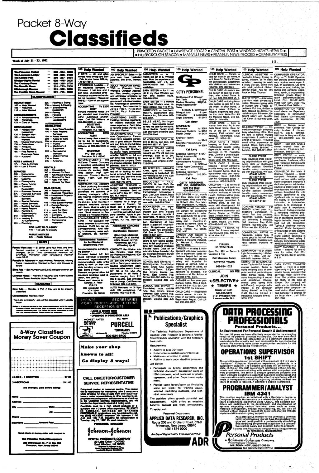 Packet 8-Way Classifieds IPRINCETON PACKET LAWRENCE LEDGER CENTRAL POST WINDSOR-HIGHTS HERALD I H1LLSBOROUGH BEACON* MANVILLE NEWS FRANKLIN NEWS-RECORD CRANBURY PRESS 1-B ftacmexw* 301-72S atraa*s IF