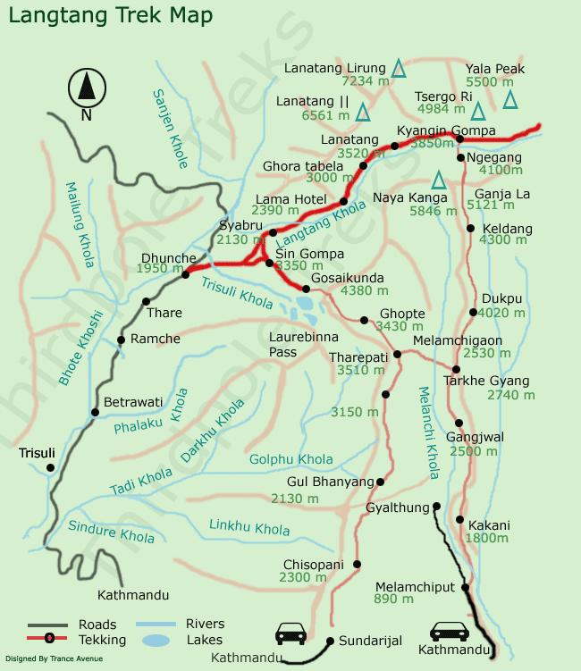 MAP OF THE LANGTANG REGION Situated north of Kathmandu the trek does not involve any flights. Syabrubesi is reached by road from Kathmandu six hours and the return journey is also by road.