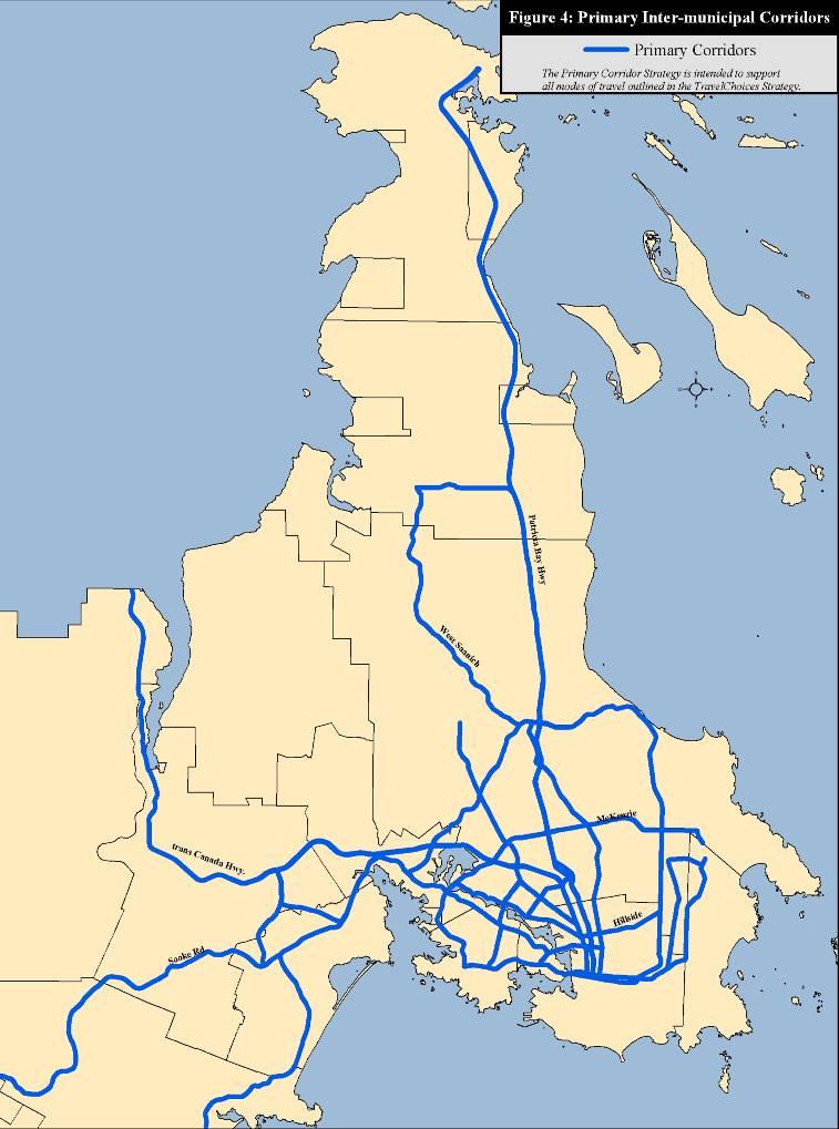Figure 2.5 Primary Inter-municipal Corridors Source: TravelChoices Strategy, Capital Regional District, April 2005 Truck Routes.