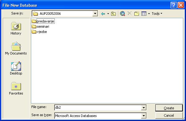U prozoru File New Database odabire se direktorij u koji će se spremiti baza, a u File name