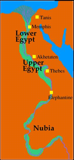Below the cataracts, the Nile flows through a narrow valley lined with cliffs. This region is known as Upper Egypt because it is upstream from the Mediterranean Sea.