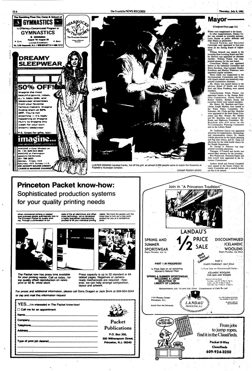 Tlw RamfeMnfl « Day Camp & School of GYMNASTICS is Offering a Conctntrstad Program in GYMNASTICS DREAMY I hr I rnnklin NEWS RECORD Thursday, July 8,1982 LUSTER OEMING handled franks, hot off the