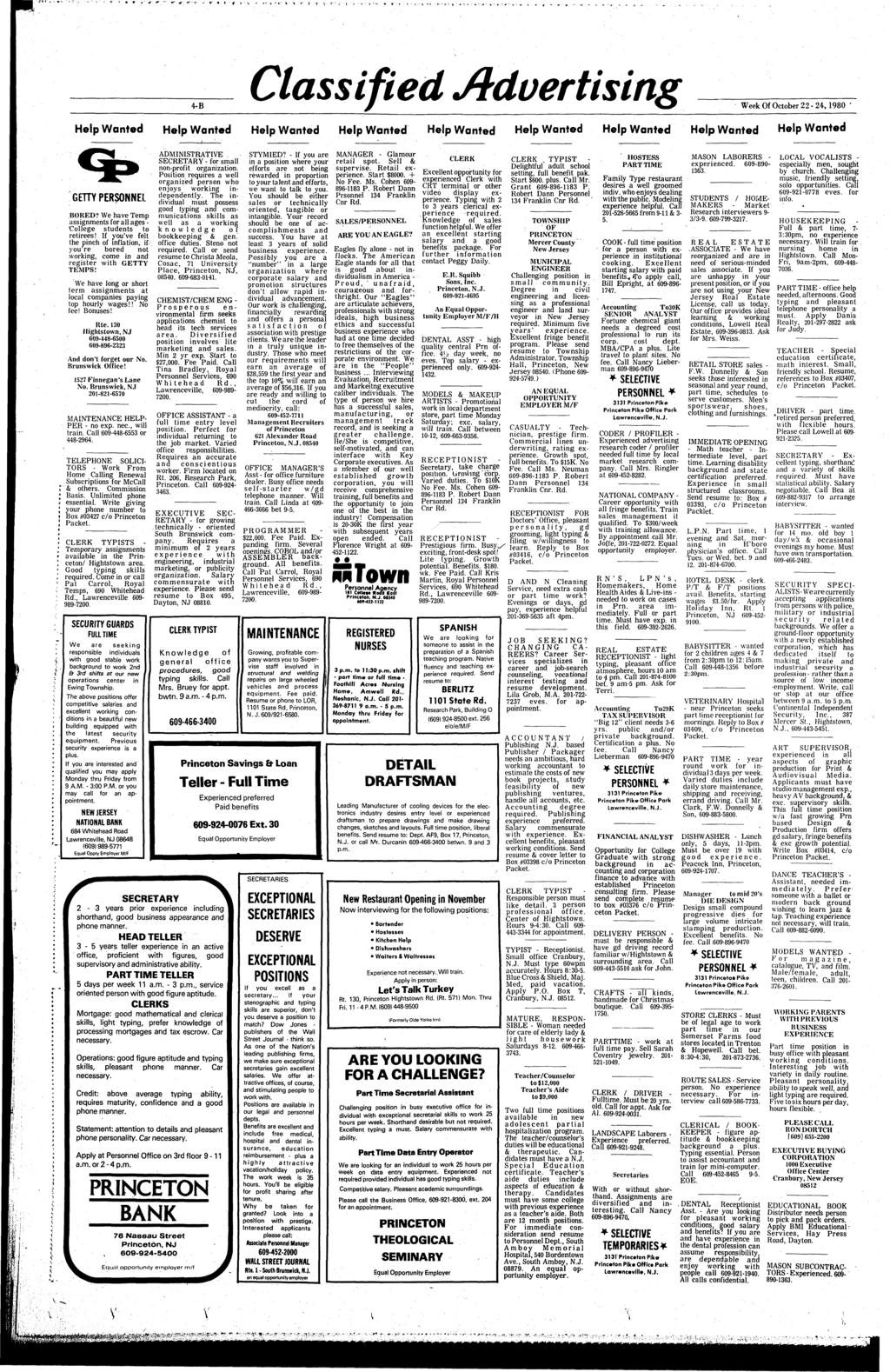 4-B Classified Advertising Week Of October 22-24, 1980 Help Wanted Help Wanted Help Wanted Help Wanted Help Wanted Help Wanted Help Wanted Help Wanted Help Wanted ij- GETTY PERSONNEL BORED?