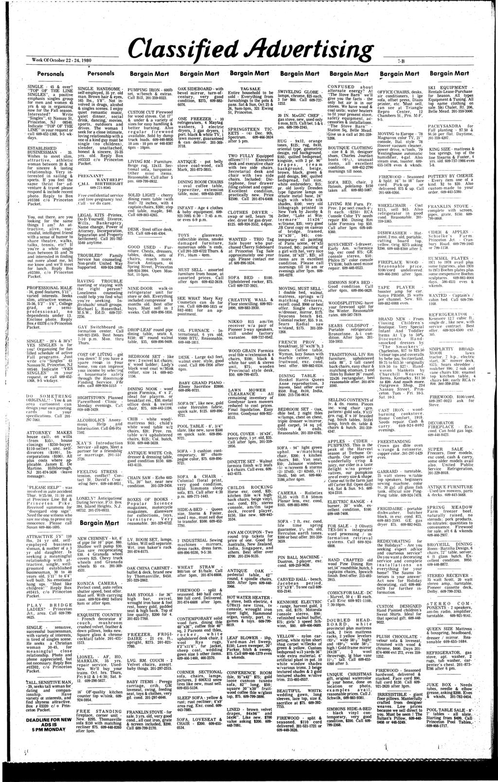 Week Of October 22-24.1980 Classified Advertising 7-B Personals Personals Bargain Mart Bargain Mart Bargain Mart Bargain Mart Bargain Mart Bargain Mart Bargain Mart "4 XT, 3 4 I SINGLE - 45 & over?