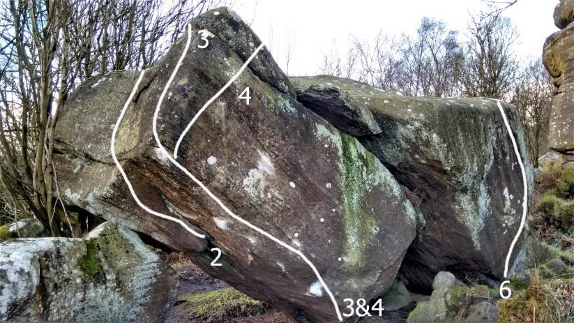 2/ Eccles Traverse 4 From the left side of the steep wall follow the top break rightwards to the ledge. A continuation is 5+. 3/ Icing on the Cake Direct 5+ To the thread and then a big reach.