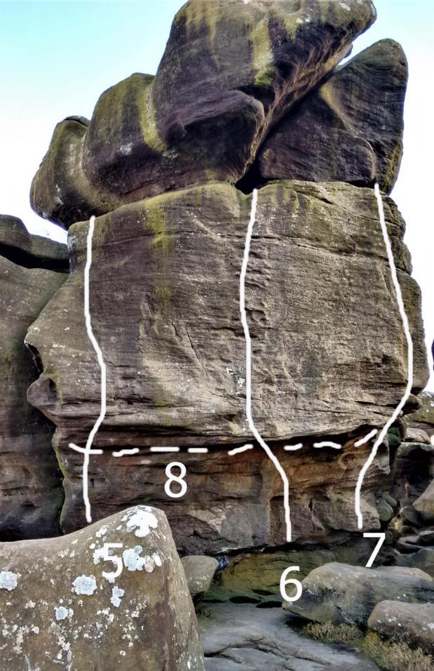 1/ Dogs Life 6a+ A very low traverse. Go along the shelf and pass the crack. Tough moves lead the prow then down and across the niche to finish in the crack. 2/ Dangermouse 5 * Scary.