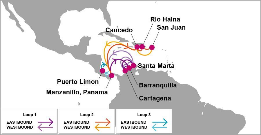 CX2: Caribbean Express 2 Loop 1 Manzanillo TUE/THU Barranquilla FRI/SAT Cartagena SAT/SUN Santa Marta SUN/MON Cartagena SAT/SAT Barranquilla SAT/SUN Santa Marta SUN/MON Manzanillo TUE/THU Loop 2