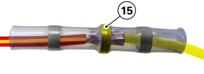 13) Move the heat-shrinking tube (D) along cables until the copper strand jointing position matches with that of tin ring (15).