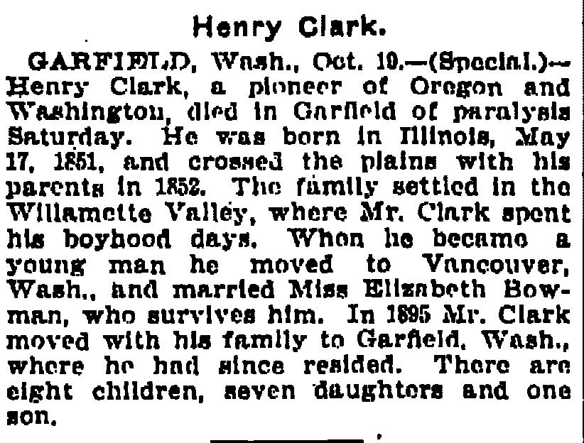 [Oregonian, Portland, Oregon, Thursday, October 20, 1904 p. 4] Children of Alvin Clark and Efariah Simpson: 1. Alvin Pitt Clark b.
