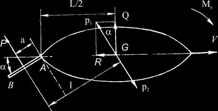 34) Čia l - jėgų poros petys (atstumas tarp jėgų p1 ir p2), kuris randamas: l GAcos a. (I.3.35) Apytikriai galima laikyti, kad laivo svorio centras yra ties mideliu, o atstumas a yra palyginti mažas, tada GA 0, 5L, o l 0,5L cos tada sukimo momentas apskaičiuojamas: M s p0,5l cos.