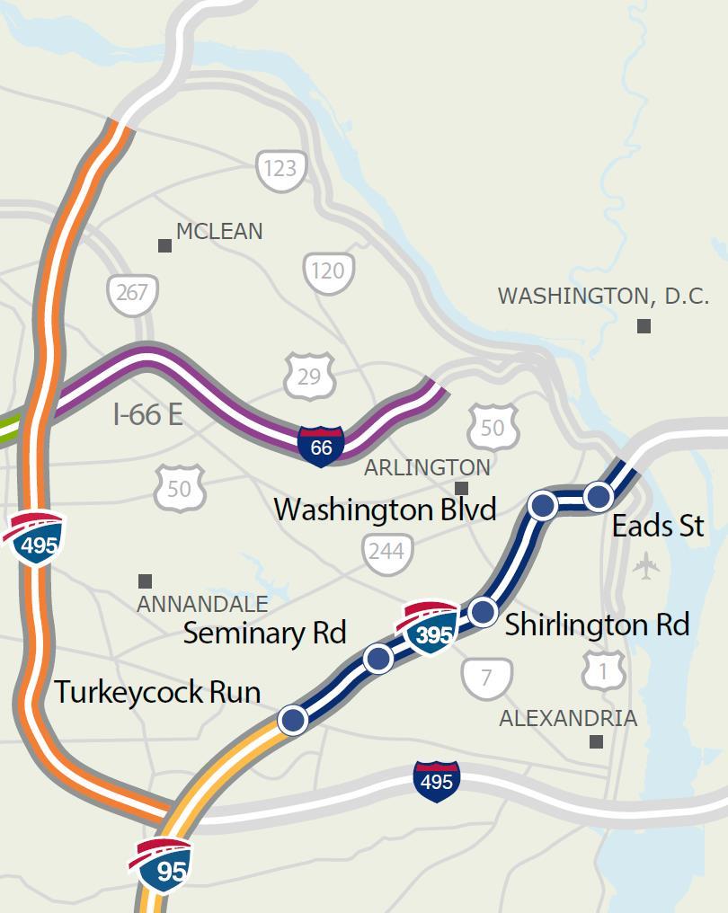 Project Scope Expand and convert the two existing reversible High Occupancy Vehicle (HOV) lanes on I-395 to three managed High Occupancy Toll (HOT) or Express Lanes for eight miles along I-395 from