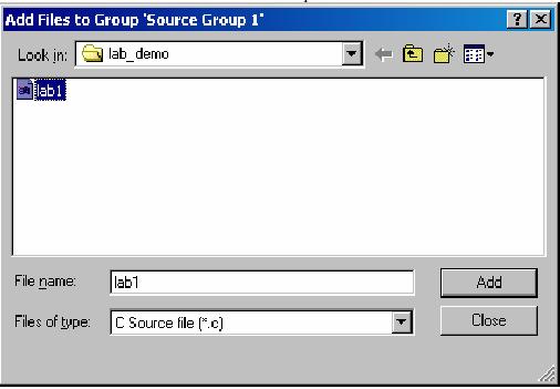 Sada morate stvoriti datoteku koja sadrži C kod naše aplikacije i dodati ga grupi odnosno Group Source. Napravi novu datoteku. Sačuvaj datoteku kao lab1.c. Dodaj u lab1.