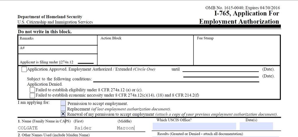 Form I-765, Application For Employment