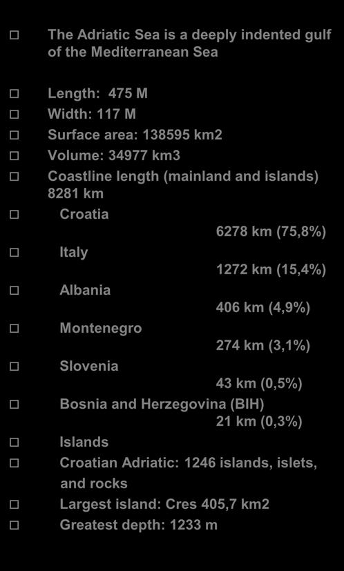 Volume: 34977 km3 Coastline length (mainland and islands) 8281 km Croatia 6278 km (75,8%)
