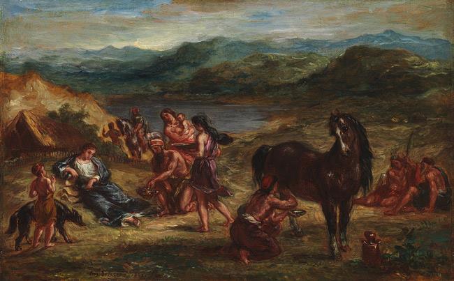 U jednom pismu, pjesnik kaže da je (čak) na getskom jeziku napisao hvalospjeve Augustu i pripadnicima njegove obitelji. Eugène Delacroix (1798 1863), Ovidije među Skitima (1862).
