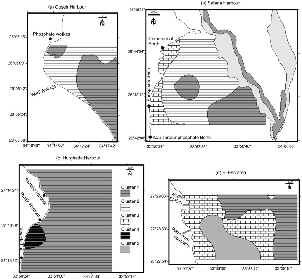 Mansour, Nawar & Madkour: Metal pollution in marine sediments 241 Fig. 8. Distribution of clusters according to trace metals of Harbours of (a) Quseir, (b) Safaga, (c) Hurghada and (d) El-Esh area.