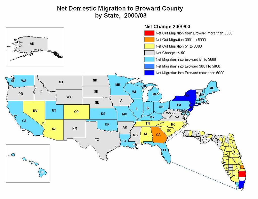 Domestic migration is defined as population movement between Broward County and other locations within the United States.