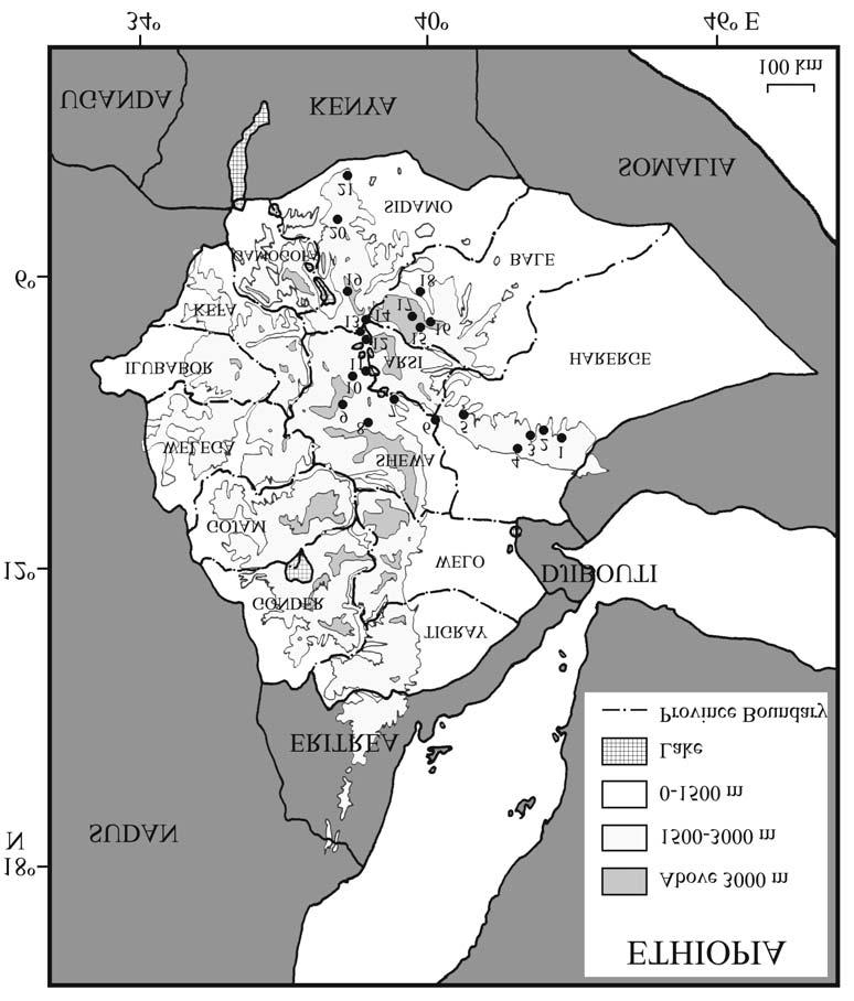 56 Chaerle & Viane: Additions to the fern flora of Ethiopia Fig. 1. Map showing the Ethiopian collecting localities mentioned in the text 1. Jijiga; 2. Babile; 3. Harar; 4. Dire Dawa; 5. Bedesa; 6.