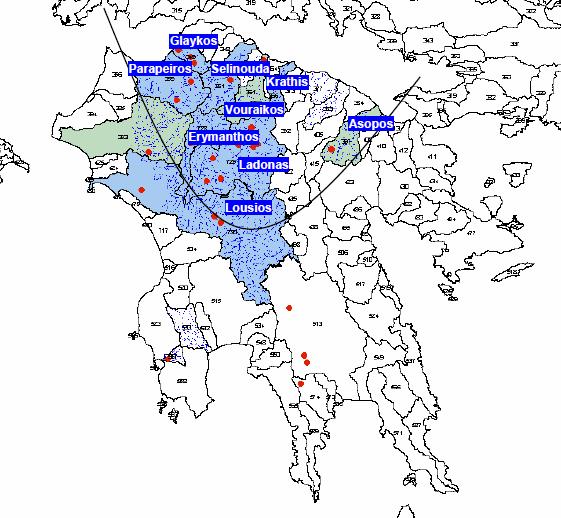 Figure 7: Water partings of Peloponnesus; with blue colour are presented the digitized water partings with calculated projects, while with light green the water partings without any projects Part of
