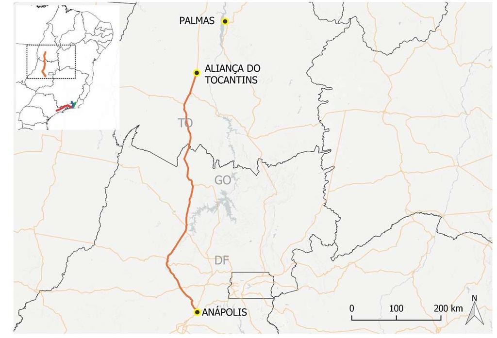 BR-153/TO/GO Approximately 625 km, running through 23 cities between Aliança (TO) and Anápolis (GO).