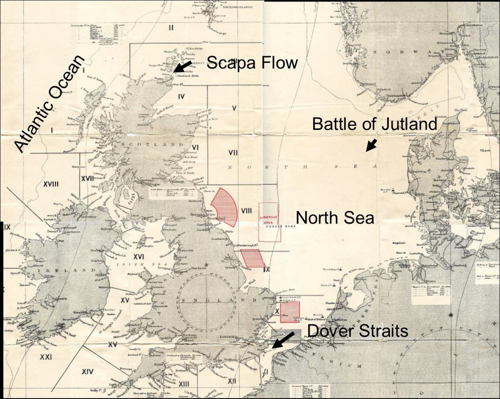 Britain controlled the Dover Straits and the strong presence of the Grand Fleet at Scapa Flow