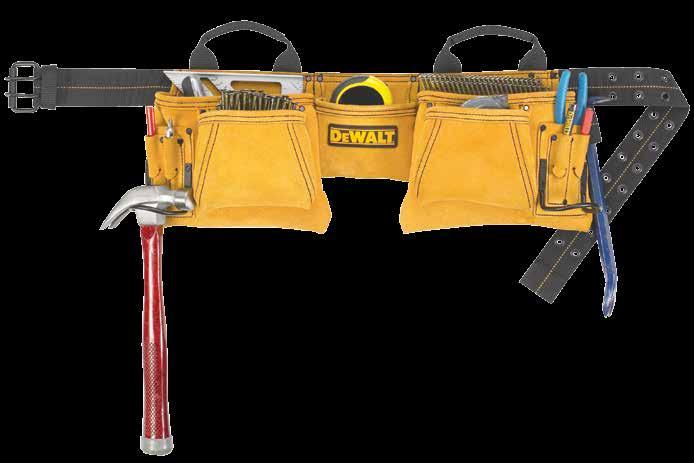 12- CARPENTER S SUEDE APRON DG5372 2" Wide web belt with double-tongue roller buckle Helps keep belt stable Center pocket For measuring tape, nails,