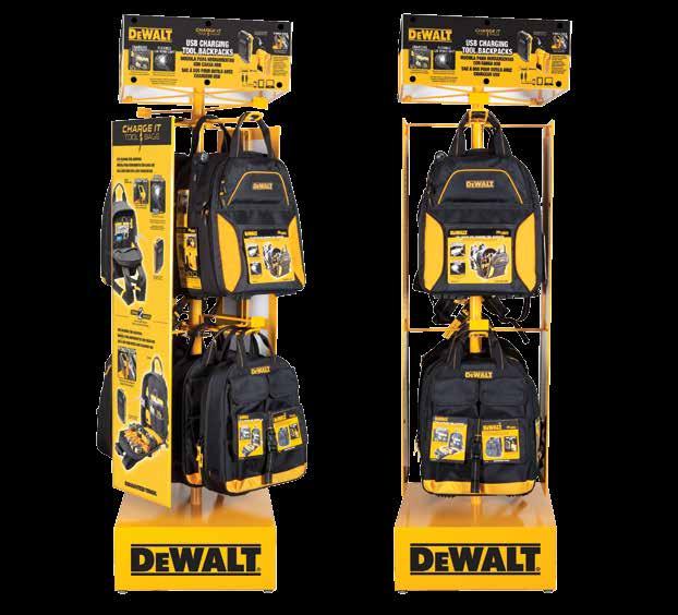 ROTATING CHARGING BACKPACKS DISPLAY DGR030 DEWALT full-function, rotating display rack is a great way to merchandise our innovative charging and lighted backpacks.