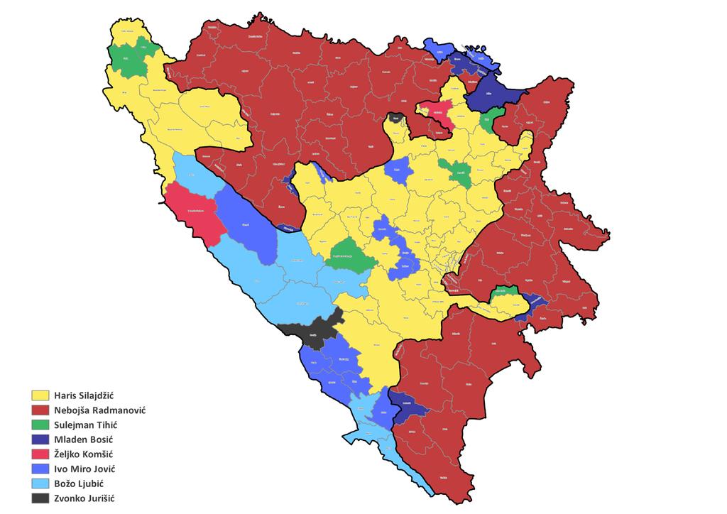 Valentino Grbavac Karta 5 Karta BiH koja prikazuje pobjednike predsjedničkih izbora 2006. godine po općinama.