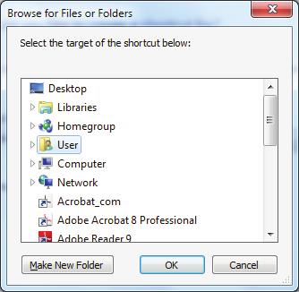 Korisnik može da ukuca tačnu lokaciju objekta (fajla ili foldera), a može da ga izabere. Svakako je lakše pokazati na željeni objekat. Potrebno je kliknuti na dugme Browse (listati).