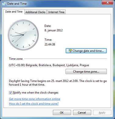 nastanka. Za podešavanje vremena se koristi alat Date and Time iz Control Panela. Ovaj alat ima 3 jezička (taba): Date and Time, Additional Clocks i Internet Time.