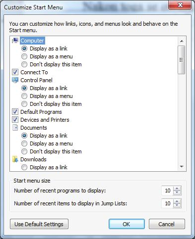 Priča o računaru U dobijenom prozoru korisnik može klikanjem Radio buttona (radio dugmadi) ili Check boxova (polja za potvrdu) aktivirati ili deaktivirati stavke koje će se pojavljivati u listi na