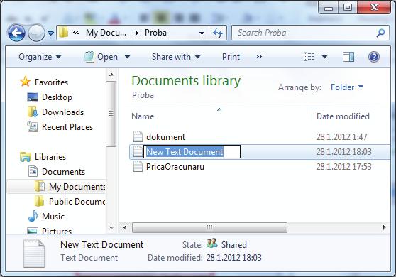 Priča o računaru Drugi način kreiranja novih fajlova je sličan kreiranju foldera. Naime, otvorimo prozor foldera u kojem želimo kreirati fajl (najčešće je to My Documents ili neki njegov podfolder).