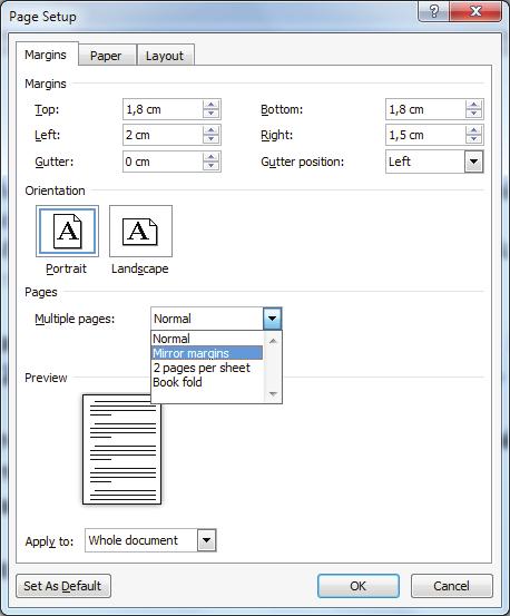 Margine se mogu ručno podešavati, ali je najjednostavnije pomoću kartice Page Layout. Klikom na Page Setup dialog box launcher u okviru Page Layout taba pokreće se Page setup dijalog-boks.