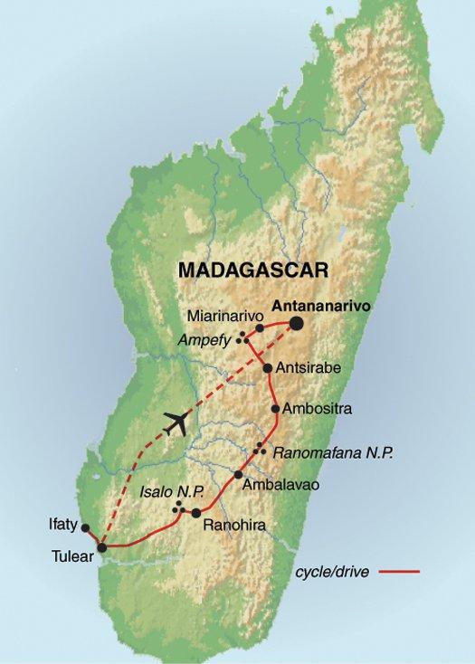 Cycle Madagascar - Trip Notes General Trip info Map Trip Code: EMZG Trip Length: 13 Trip starts in: Antananarivo Trip ends in: Antananarivo Meals: The food in Madagascar is generally of a good
