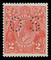 A fine positional piece. Stated to be Ex Field. 1,000T Lot 188 188 ** A B1 PERFORATED 'OS': 2d scarlet Watermark Inverted BW #96ba, well-centred, unmounted, Cat $2500.