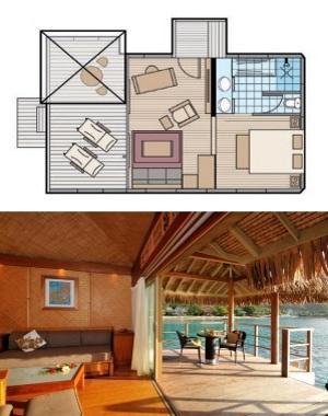 More Info: Interior of Bungalow 38m² + Terrace 22m² Additional Facilities: Ceiling Fan, Private Sun Deck, ABF Overwater Junior Suite Bungalow These bungalows, with private access ladder to the