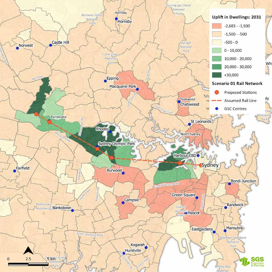 Figure 10 shows the impact on dwellings in the 15-minute travel time scenario, with significant uplift in a small number of areas around Westmead, Sydney Olympic Park and the Bays Precinct/Rozelle.