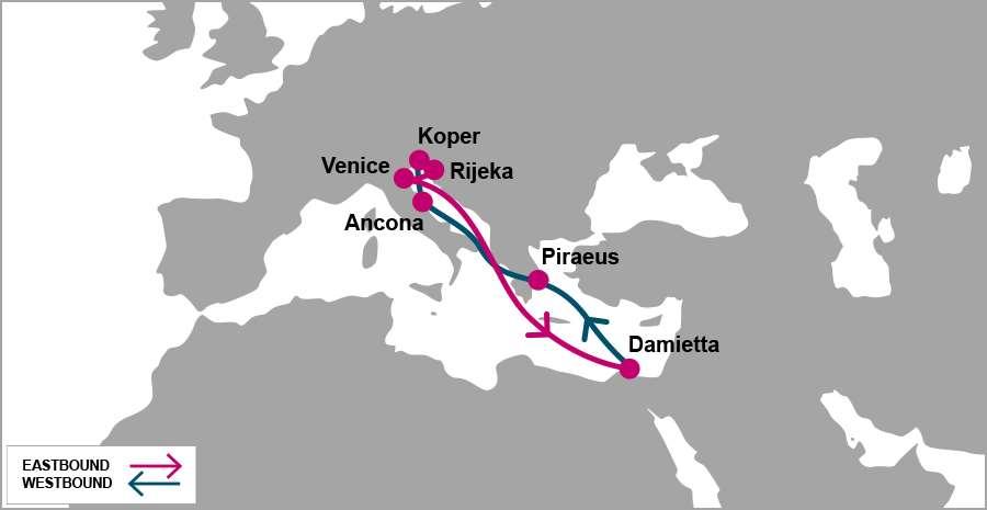 ADX: Adriatic Express Damietta FRI/SAT Damietta Container Handling & Cargo CO Piraeus MON/MON Piraeus Container Terminal Ancona WED/THU Adriatic Service Enterprise Koper THU/FRI Luka Koper Rijeka